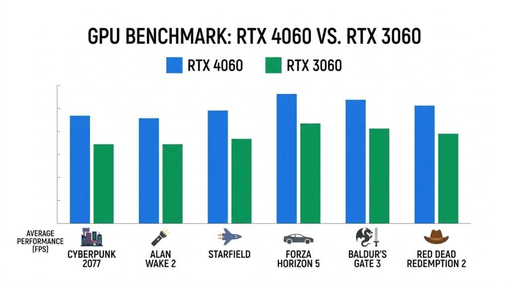 benchmark fps rtx 4060 vs rtx 3060 jogos full hd 1080p 2026
