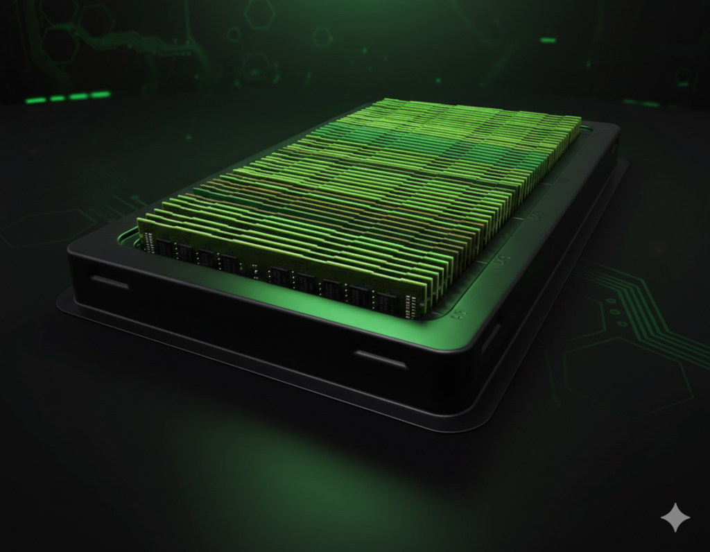 memória ECC para X99 instalada em placa-mãe com iluminação verde cinematográfica