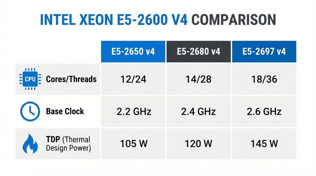 Comparativo técnico do melhor Xeon para X99 — E5-2650 v4 vs E5-2680 v4 vs E5-2697 v4 especificações