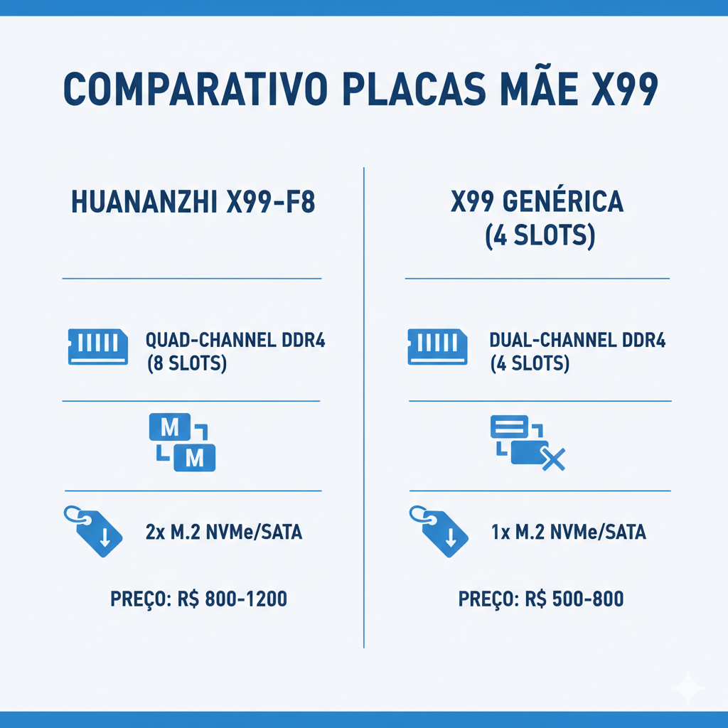 Comparativo de placa-mãe X99 2026 — Huananzhi X99-F8 vs alternativas no custo-benefício
