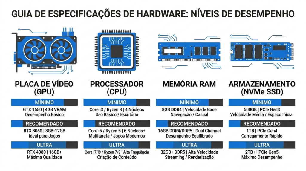 GTA 6 PC setup tabela — requisitos projetados por tier de performance