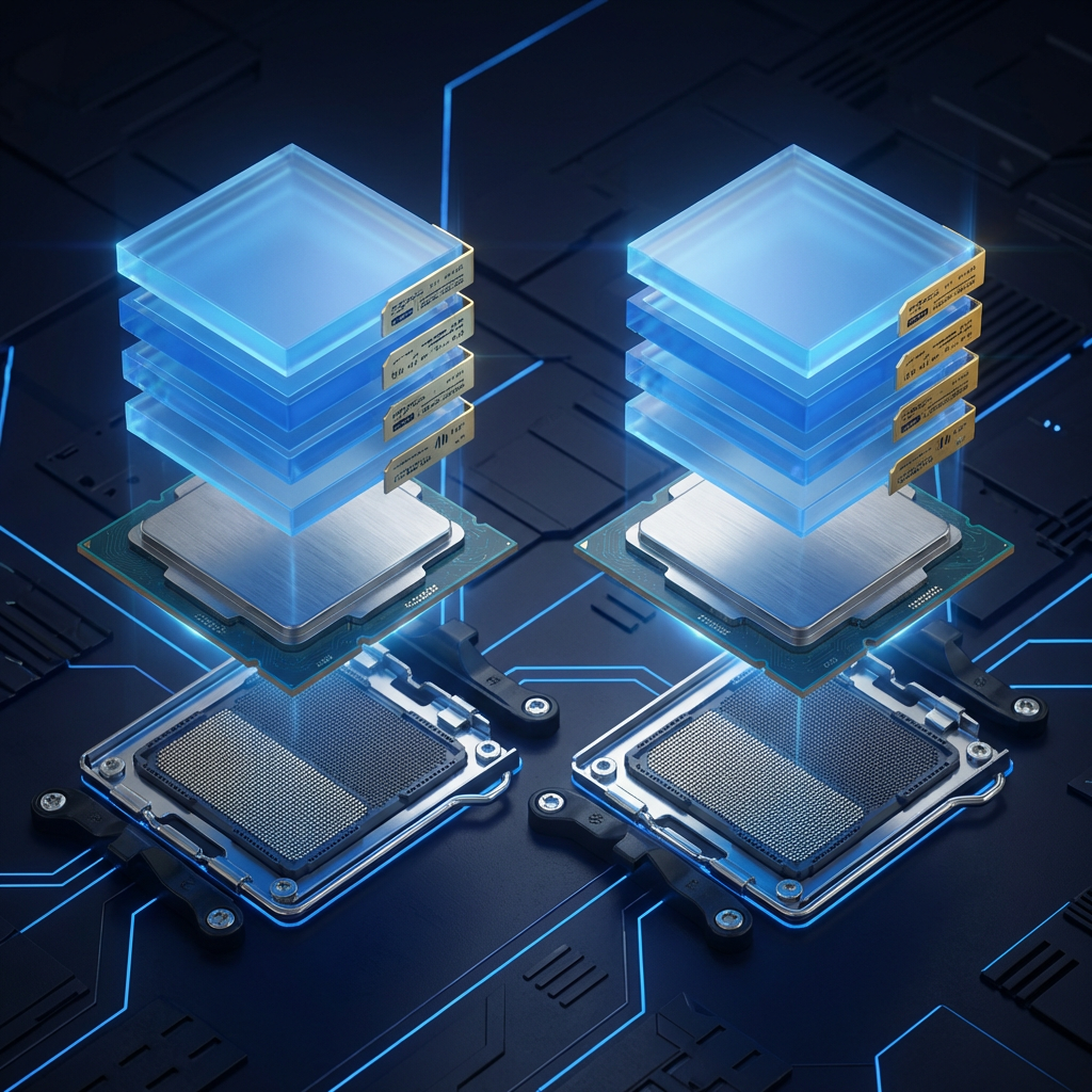 Diagrama comparativo AMD Ryzen 9 9950X3D2 vs 9950X3D cache 3D V-Cache dois chiplets 192 MB